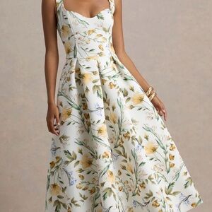Rosemary Club L London Floral Midi Dress in Cream and Yellow Size 2
